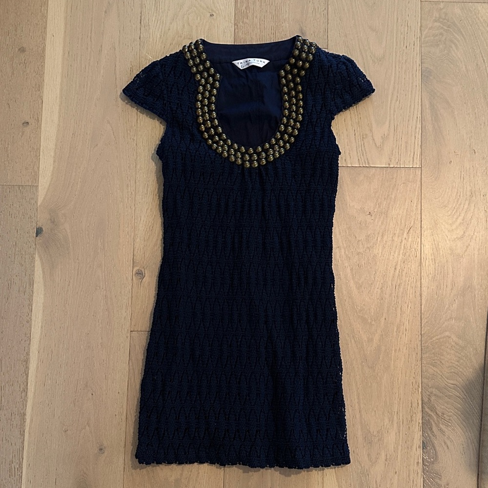 Trina Turk Dark Blue Mini Dress with Embellished Neckline